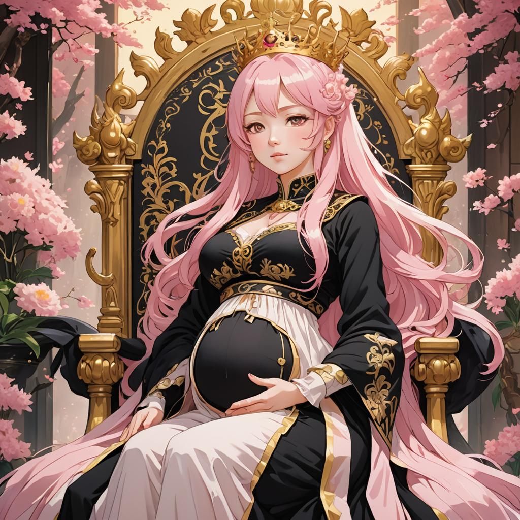 Pregnant Anime Queen on Throne in Ghibli Style