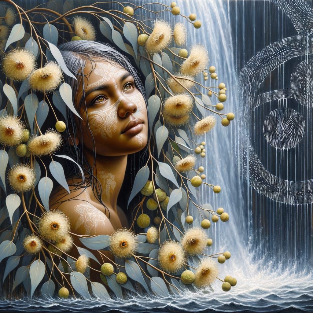 Aboriginal Woman Under Waterfall in Classical Oil Painting S...