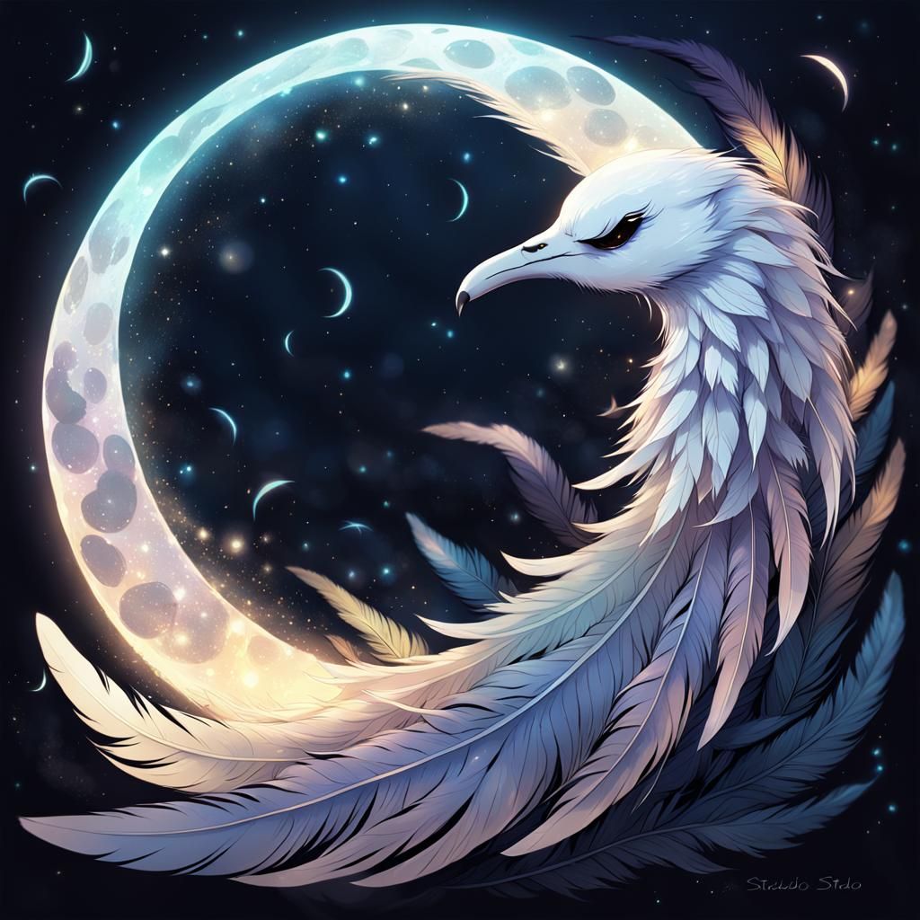 Glowing Moon and Ethereal Feathers in Anime Style