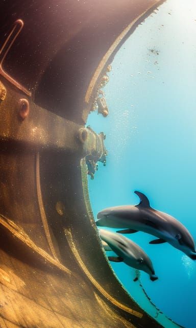 Underwater Mermaid and Dolphin at Shipwreck