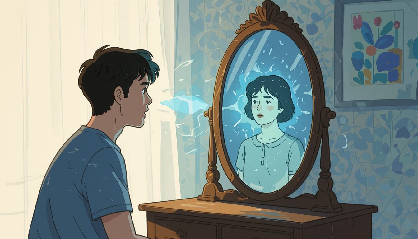 Man Transforms into Girl in Surreal Mirror Scene