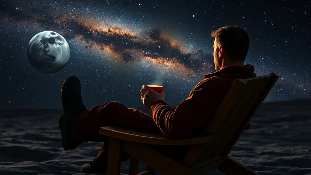 Man on Moon Sips Hot Chocolate Viewing Halley's Comet