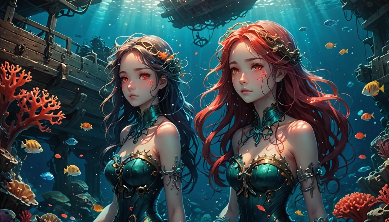 Anime Mermaid in Shipwreck with Bioluminescent Glow