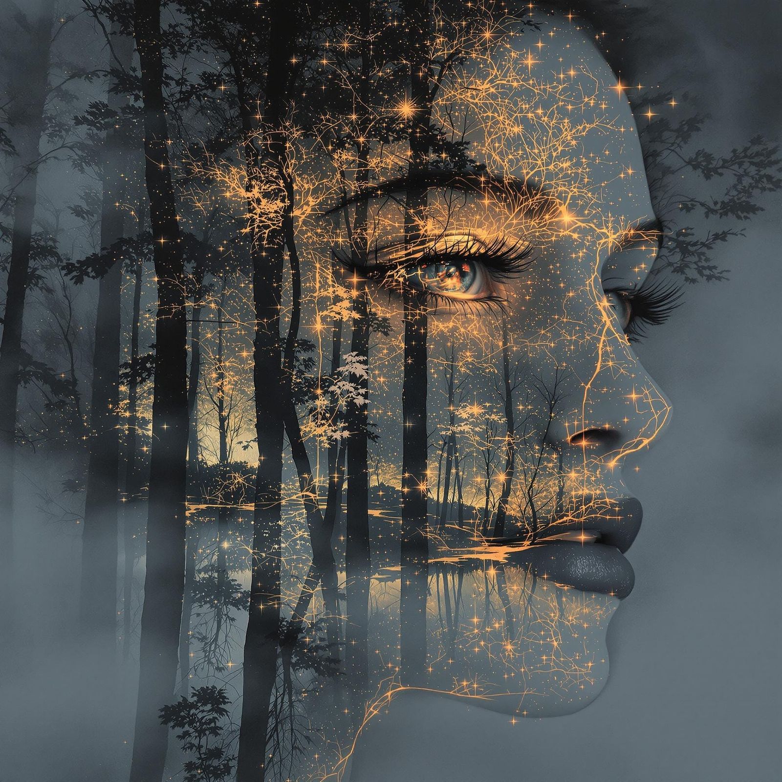 Ethereal Portrait of a Ghostly Woman in a Forest Landscape