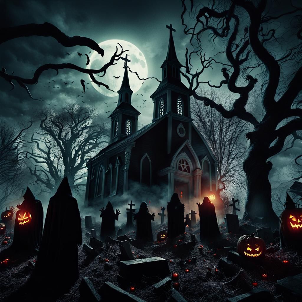 Creepy Graveyard Scene with Witches and Ghouls