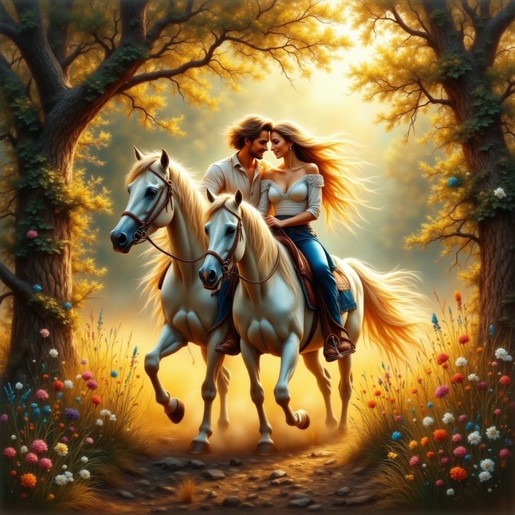 Couple Riding Horse in Sunlit Forest