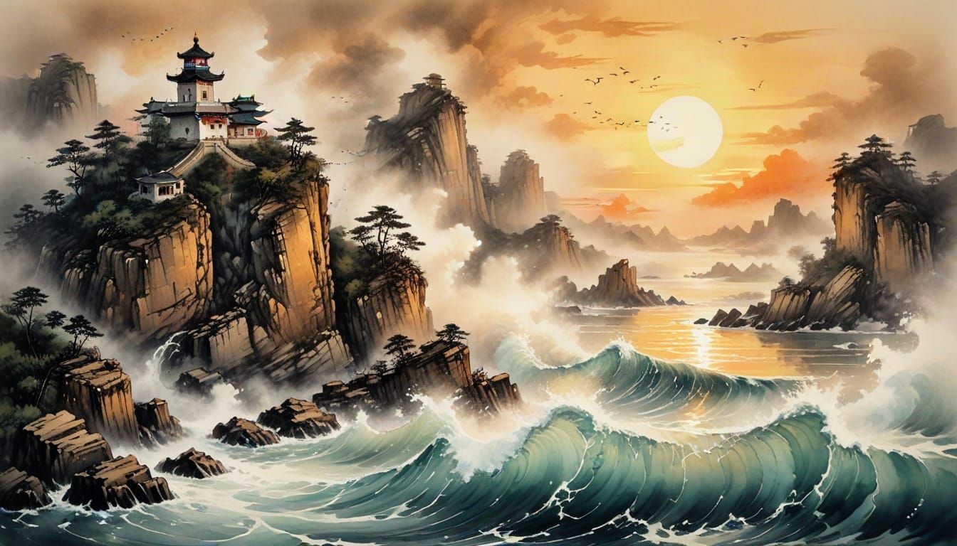 Lighthouse Sunset: Chinese Ink Tempest