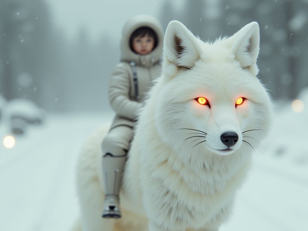 Realistic Photo of Android Girl Riding Giant Fox in Blizzard