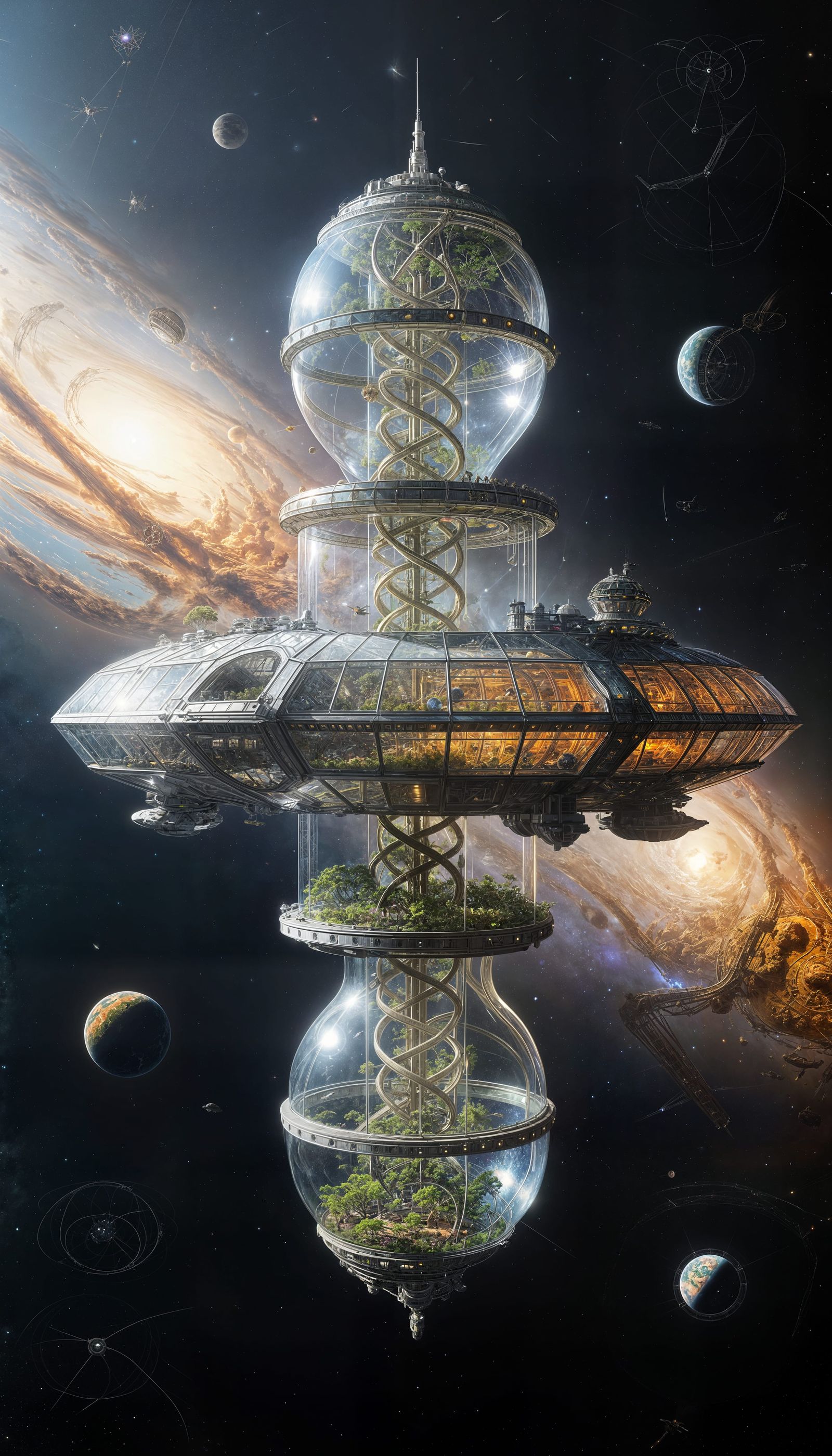 A massive quadruple-helix transparent solarpunk terrarium ecosystem modular interlocking generation ship spacecraft in d...