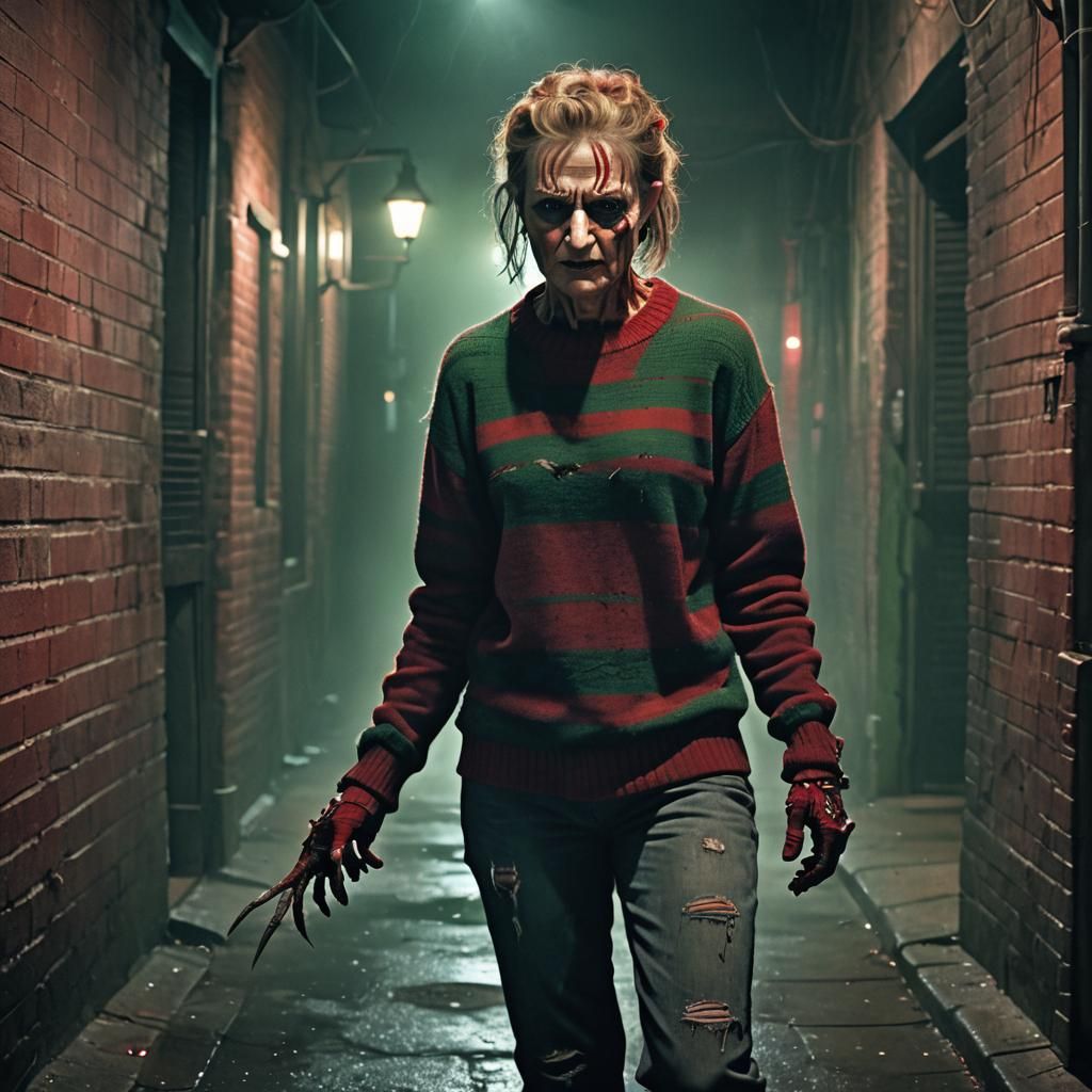 Female Freddy Krueger in Dark Alley: Digital Art