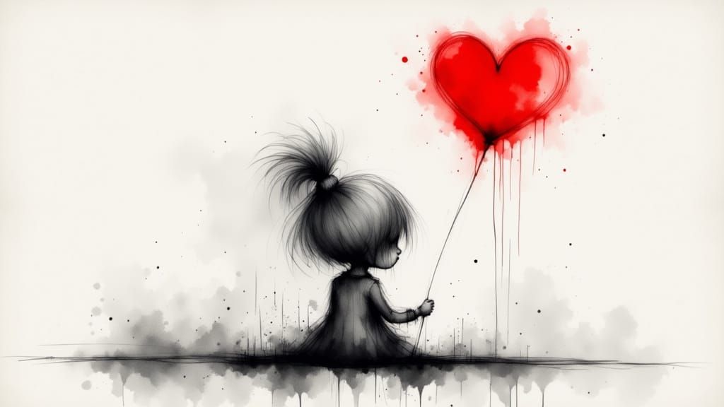 Girl with Red Heart Balloon Charcoal Sketch