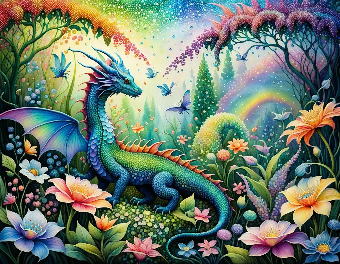 Ethereal Fantasy Garden with Dragons in Pointillism Style