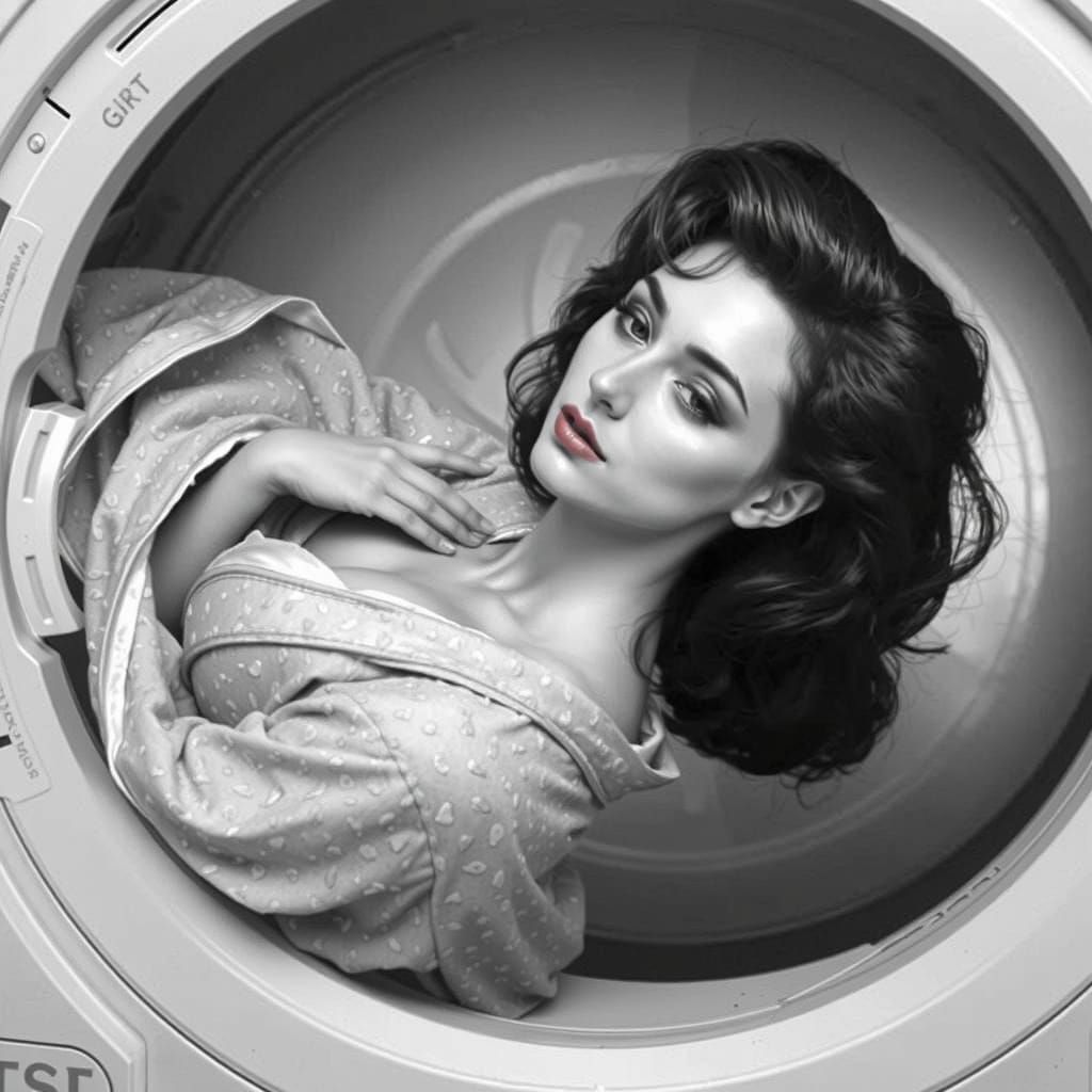 Pinup Woman Posing on Washing Machine