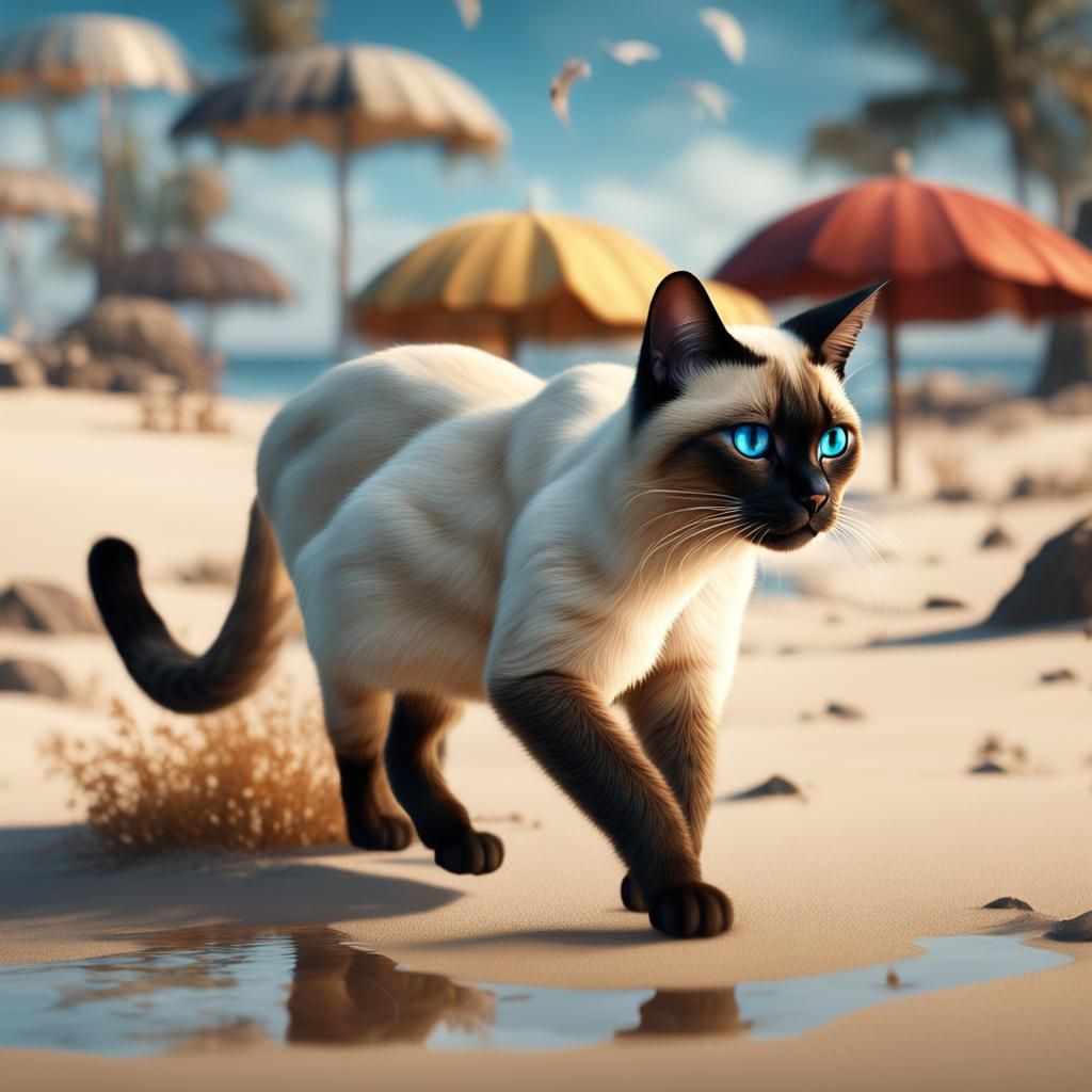 Siamese Cat on Beach: Detailed Matte Painting