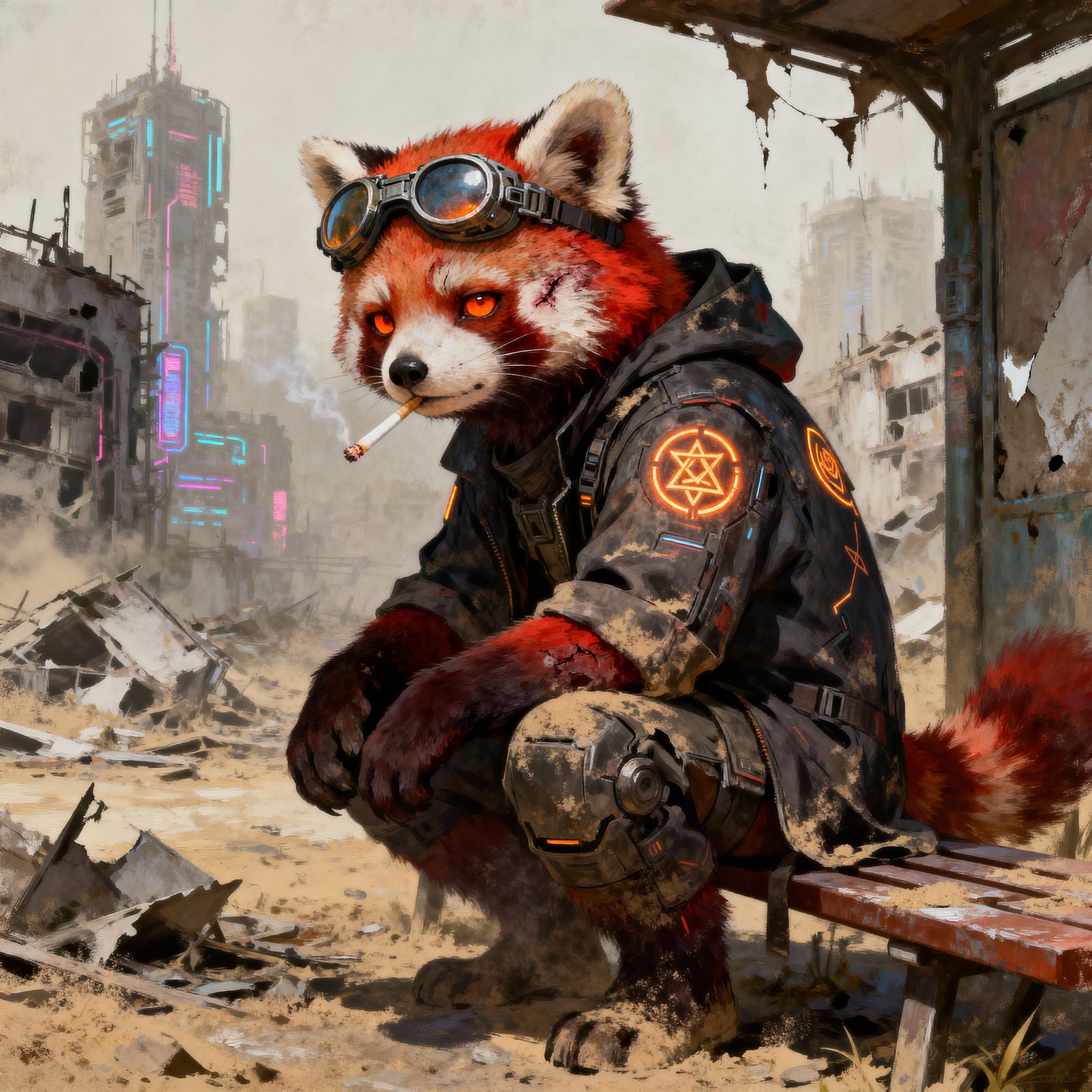 Scarred Red Panda in Desolate Cyberpunk City