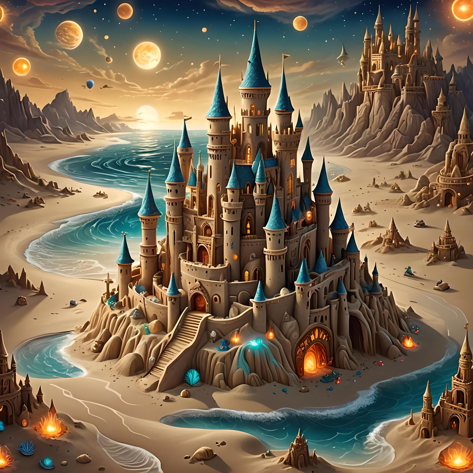 Magical Sandcastle on Sea of Sand: Fantasy Illustration