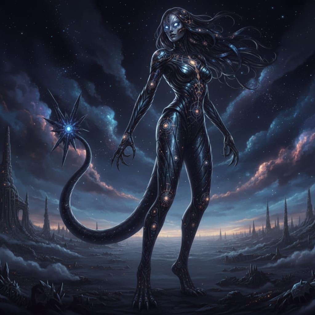 Sinister Celestial Monster Girl With Glowing Tattoos