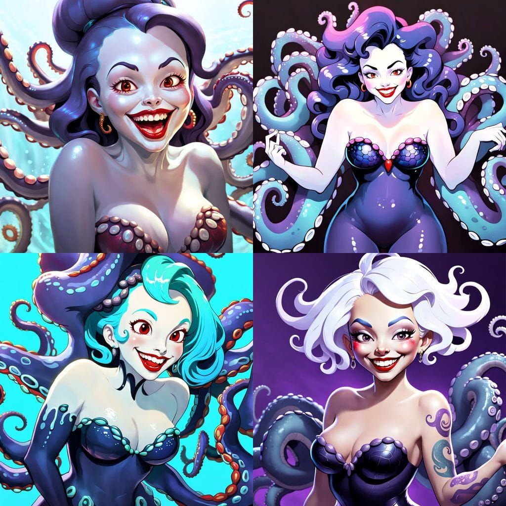 Confident Octopus Woman with Purple Skin and White Hair