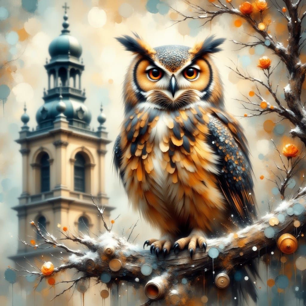 Owl on Bell Tower in Impressionist Style