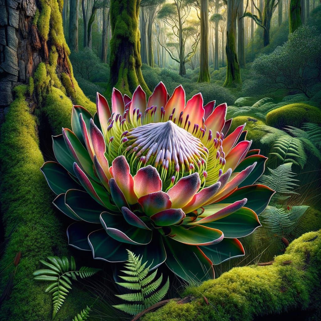Vibrant Protea Blossom Amidst Lush Woodland
