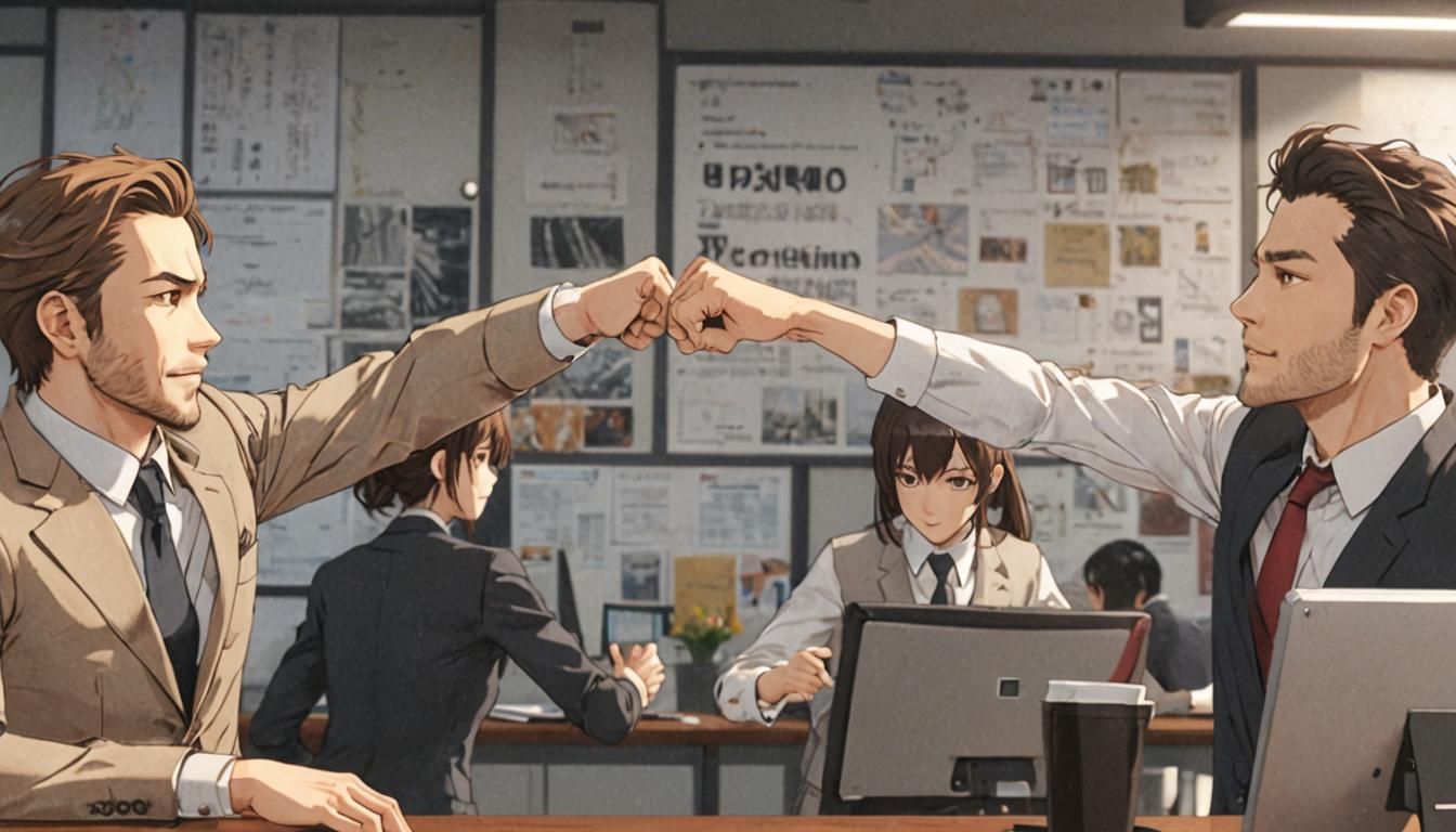 Office Workers Fist Bump in 3D Anime Art