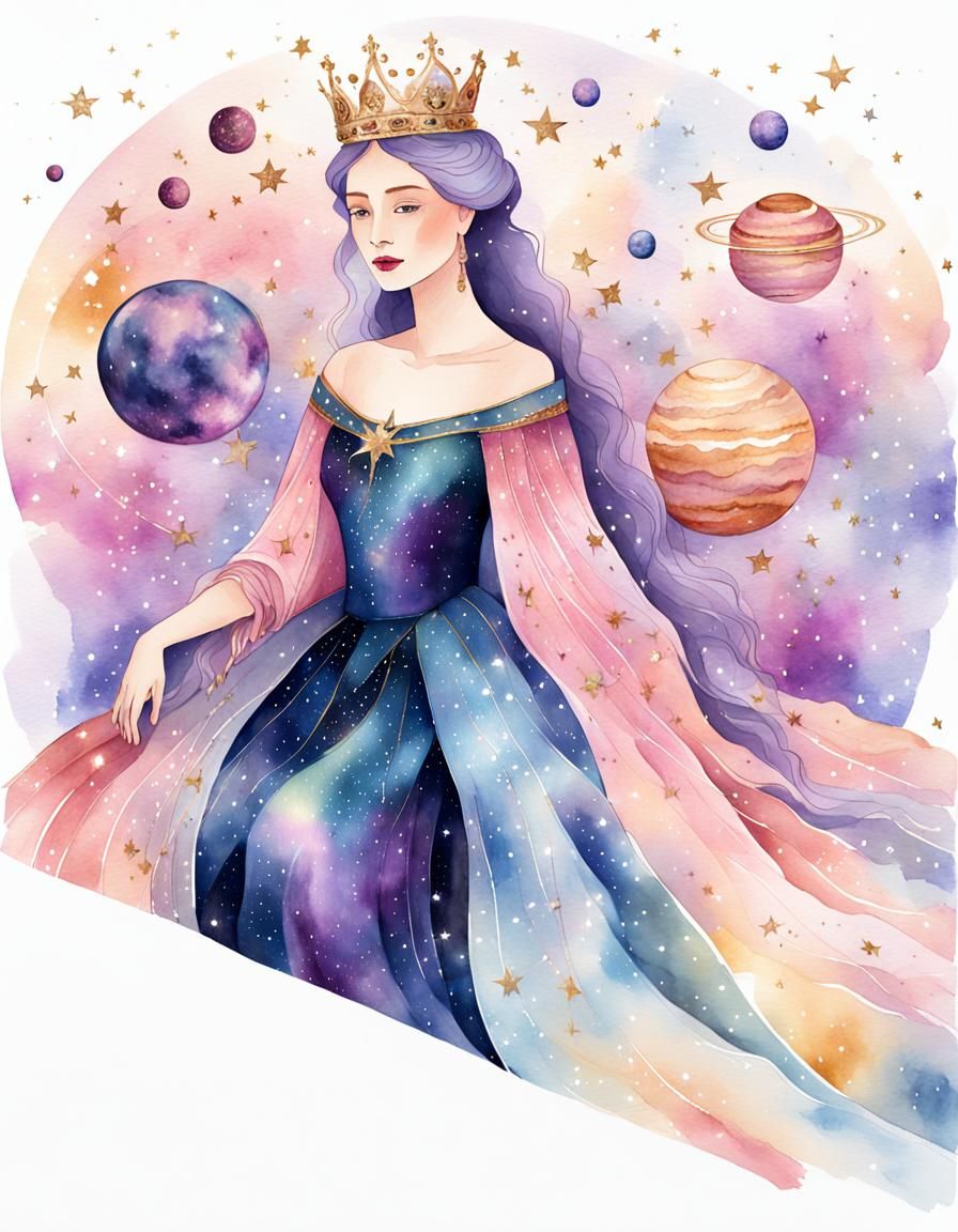 Celestial Queen Surrounded by Stars, Watercolor Style
