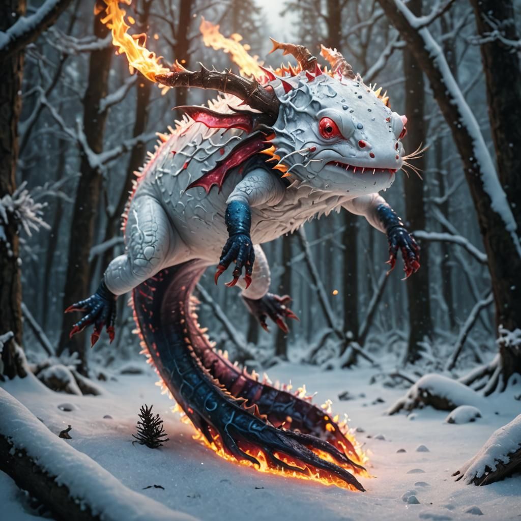 Majestic Flaming Axolotl with Regal Stag Horns in a Winter W...