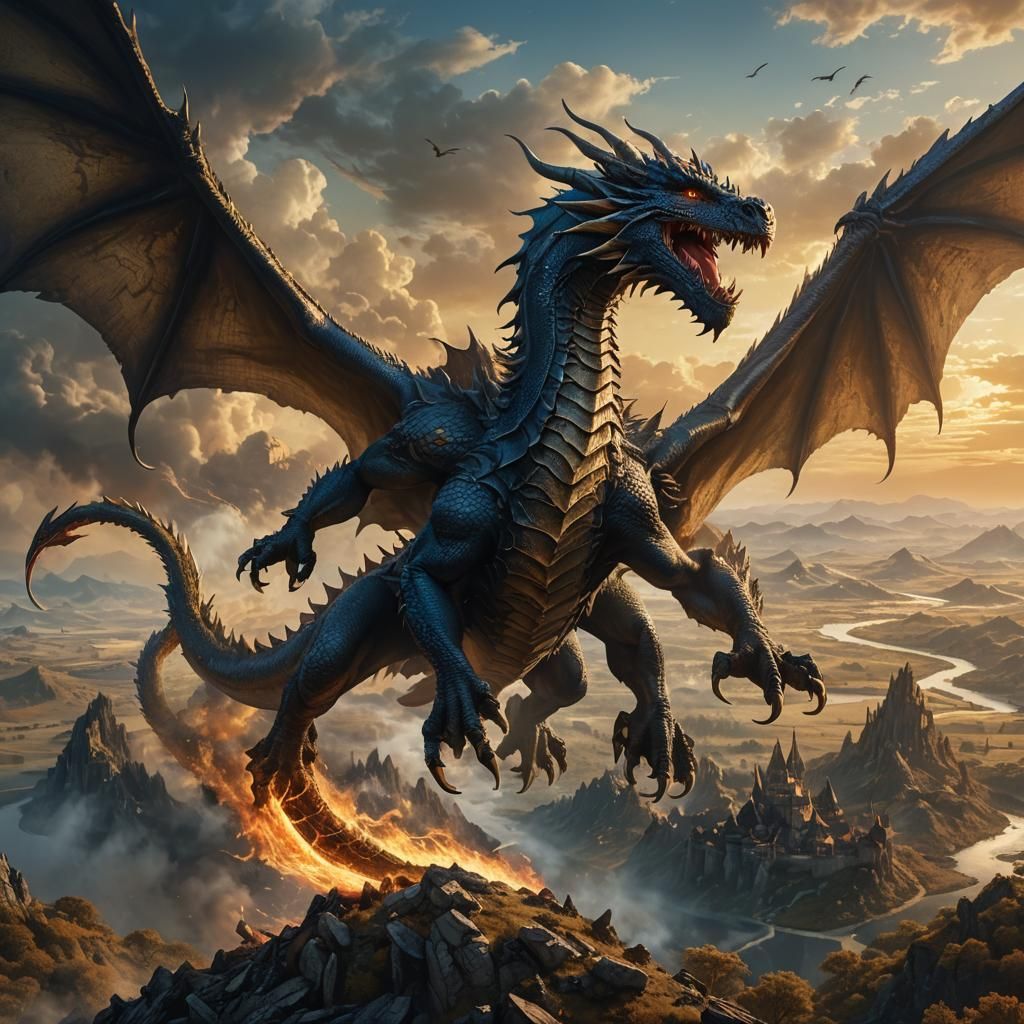 Majestic Dragon Flies Over Desolate Land in Fantasy Art