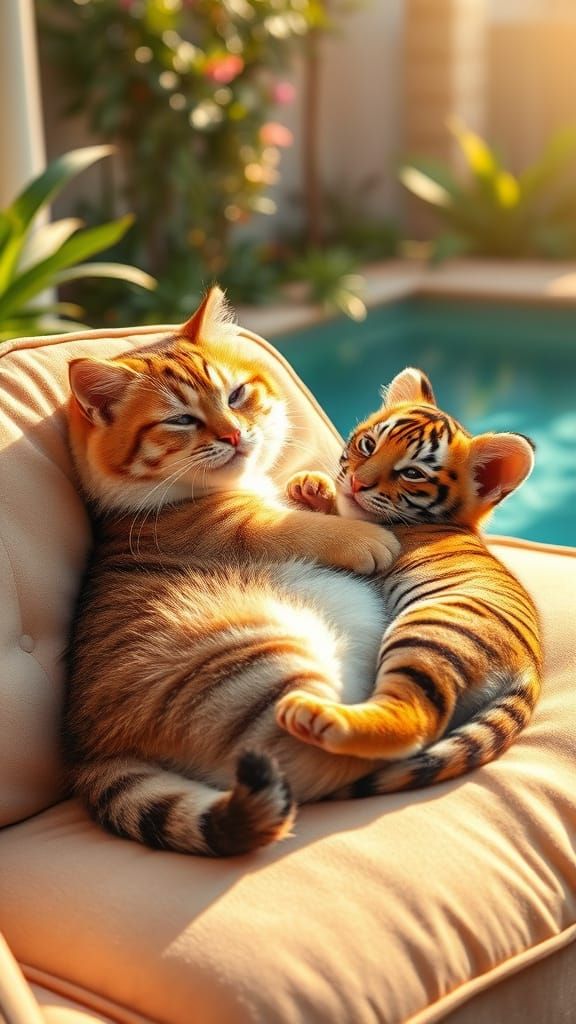 Chubby Cat and Baby Tiger Share Heartwarming Poolside Moment