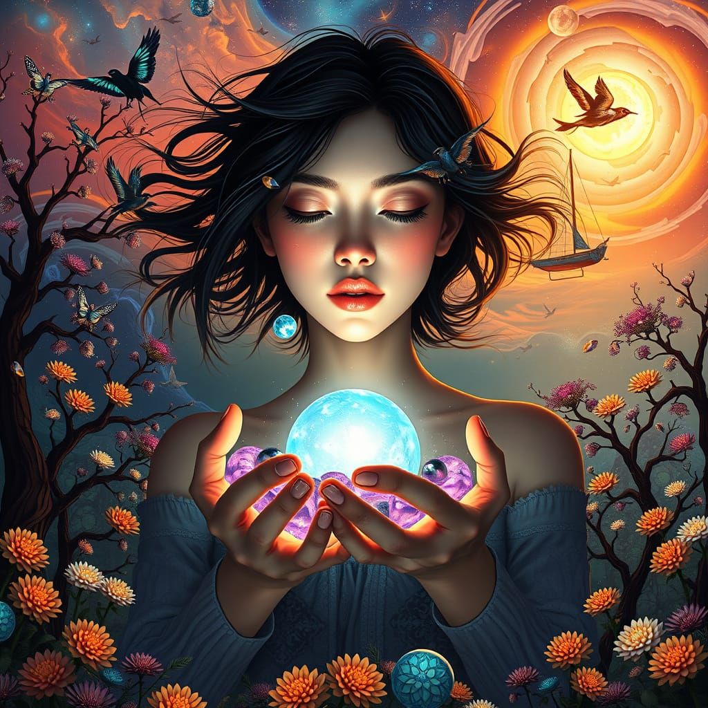 Woman Holding Cosmos in Surrealist Universe