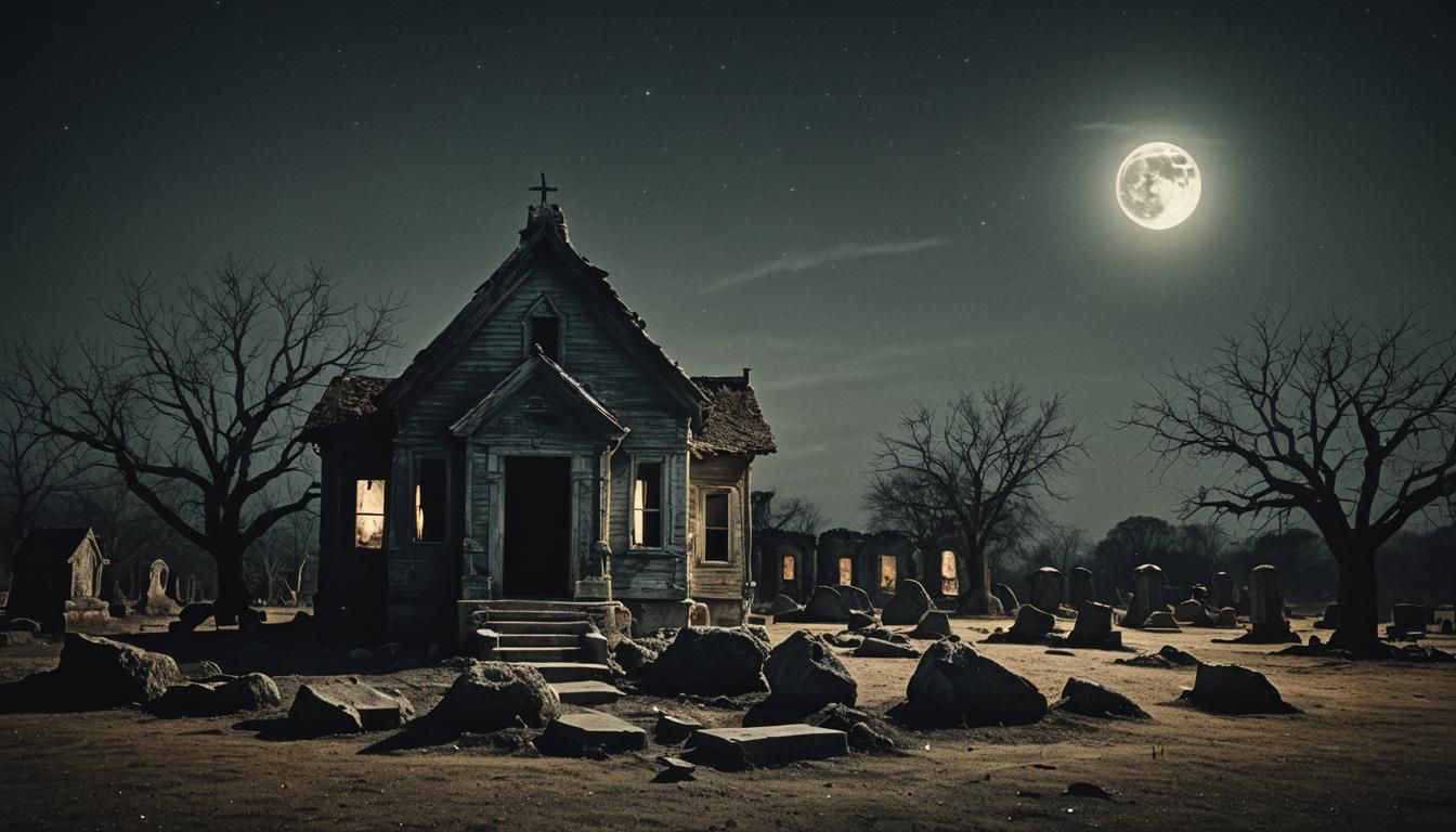 Eerie Graveyard House in Dark Geode Art Style