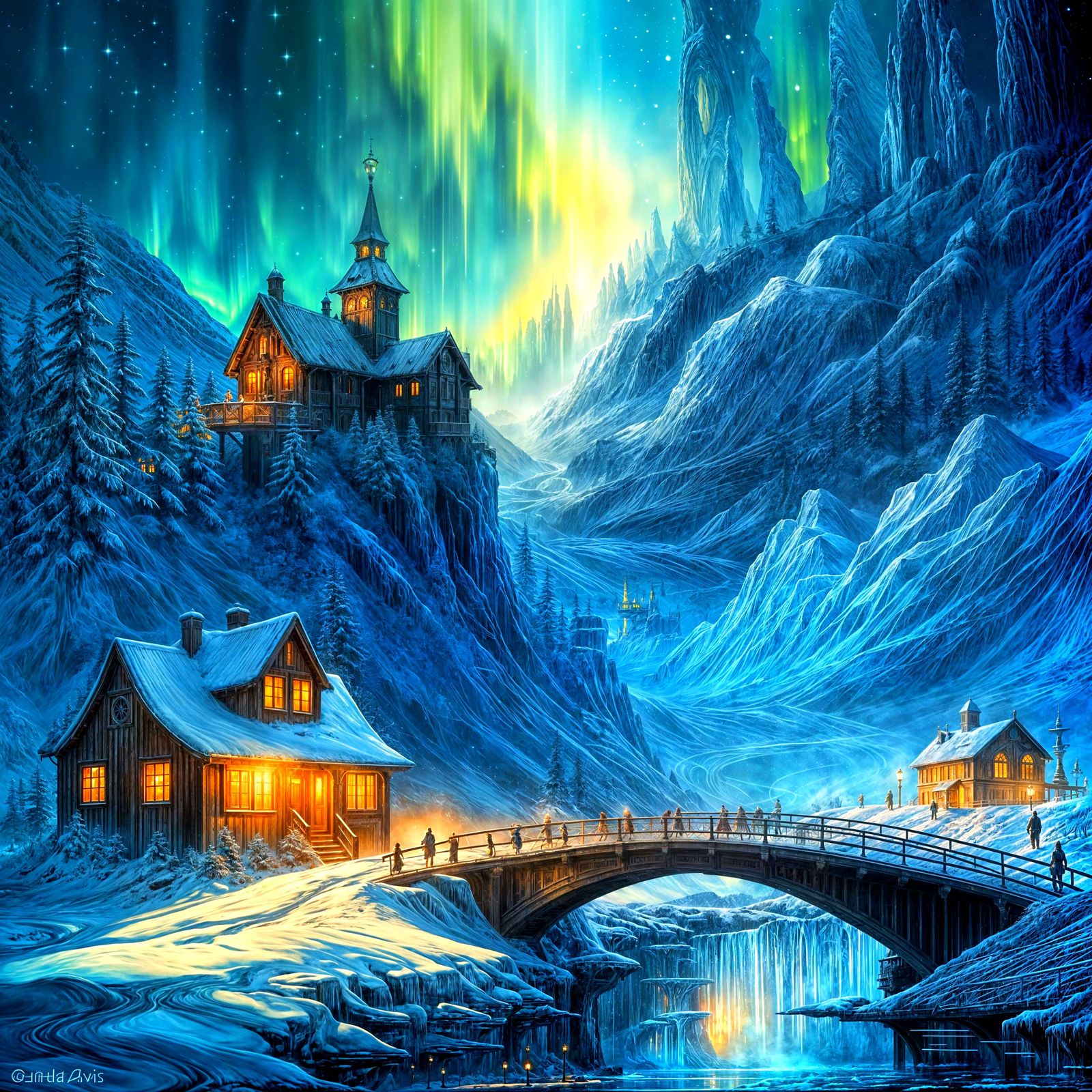 Futuristic Research Facility in Snowy Northern Lights Landsc...