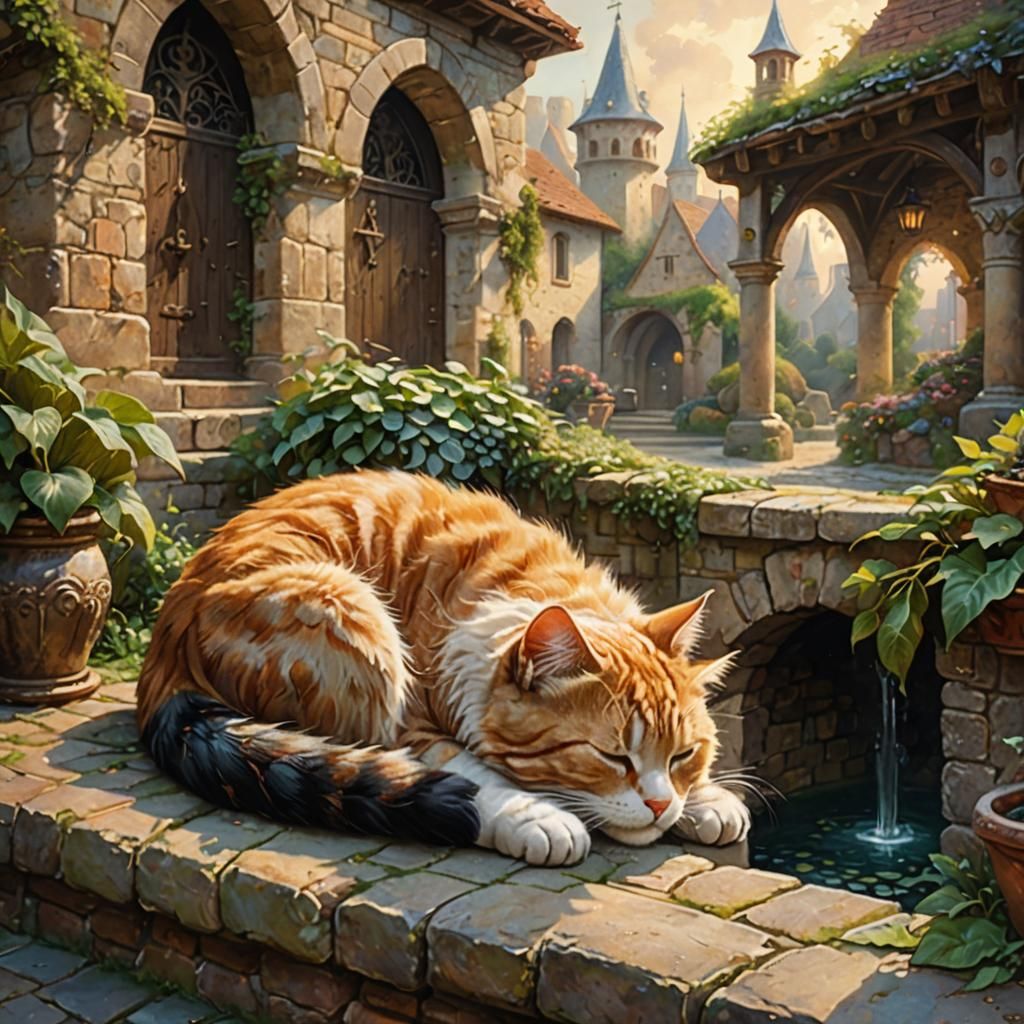 Sleeping Cat in Medieval Courtyard: Kinkade Style