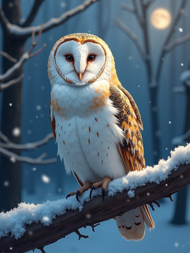 Barn Owl in Winter Forest, Photorealistic Oil Painting