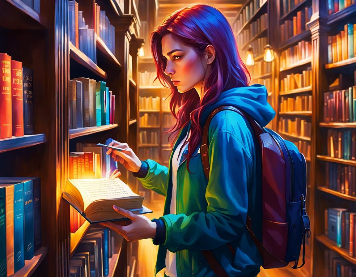 Urban Fantasy Teenage Girl Searches Library Bookshelf