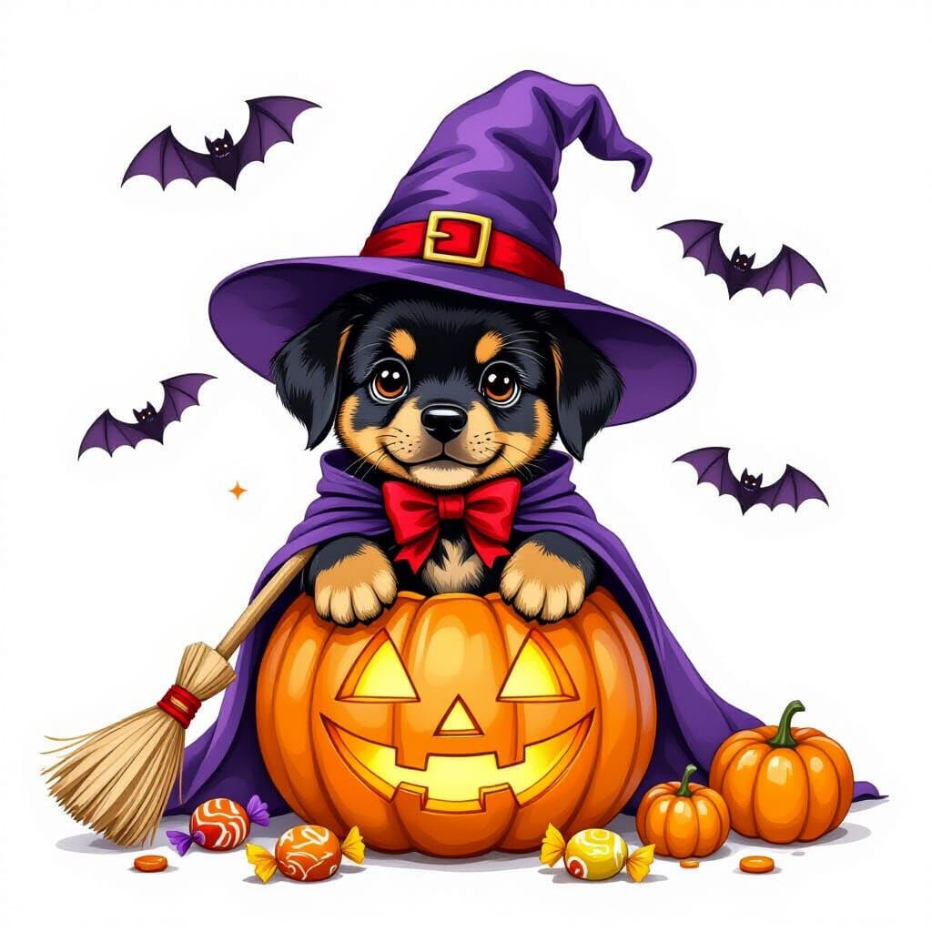 Cute Rottweiler Puppy in Witch Hat with Halloween Treats