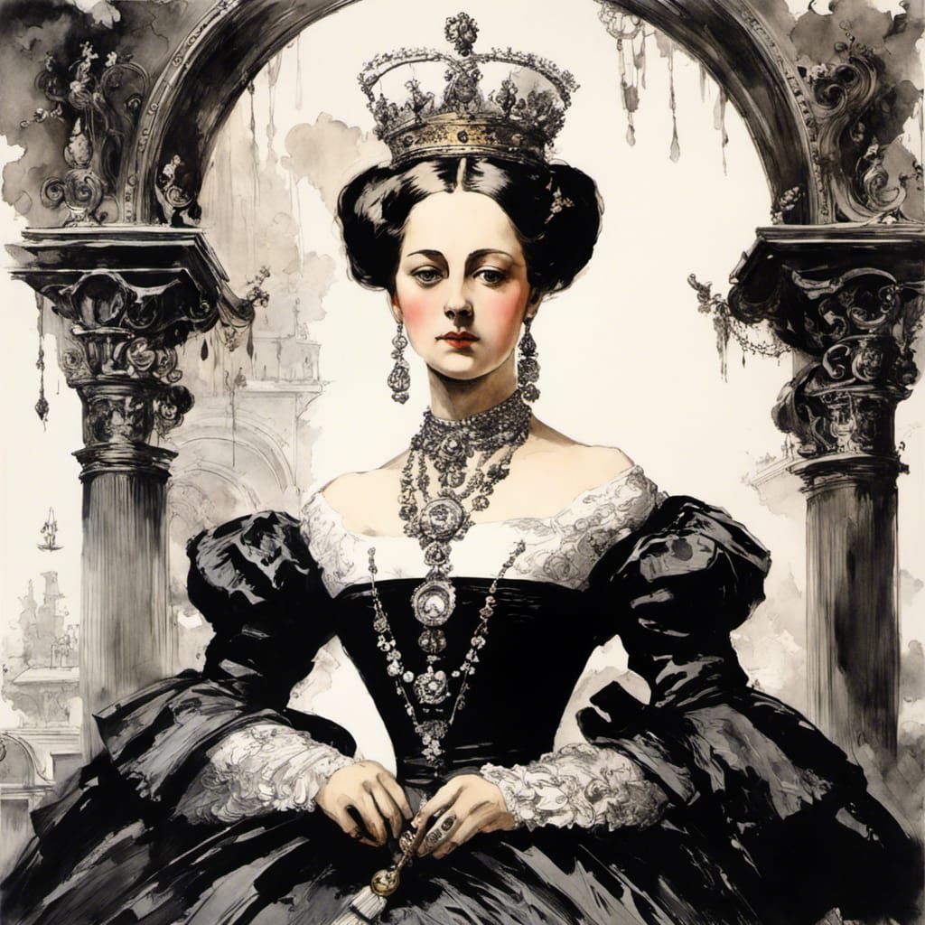 Queen Victoria Ink Art in 19th Century Style