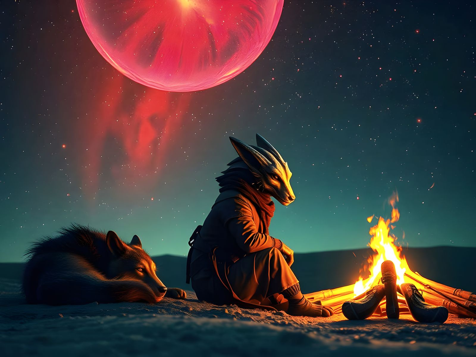 Lonely Alien and Wolf by Firelight