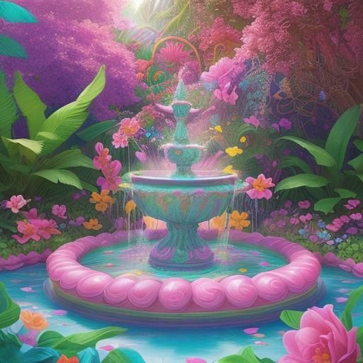Enchanting Flower Garden with Fountain in Candy Art Style