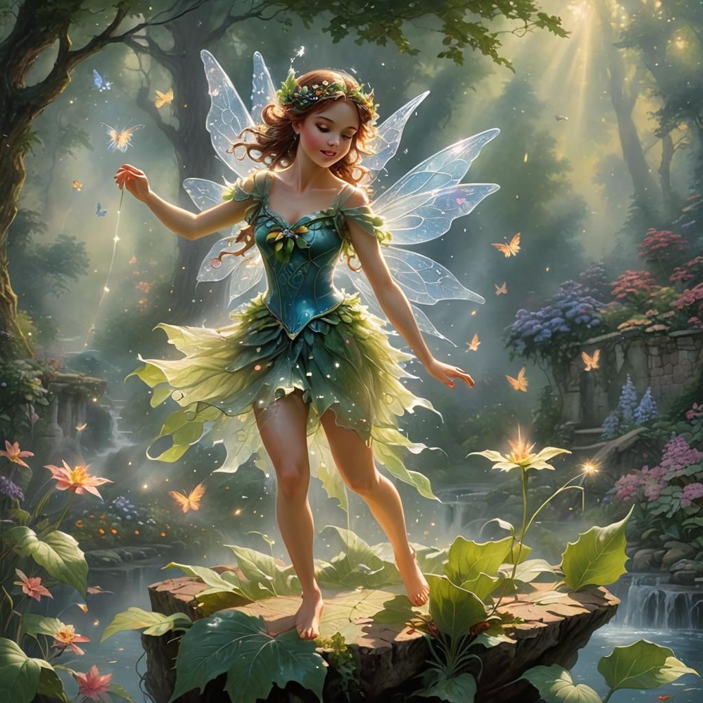 Ethereal Summer Fairy Dances in Misty Landscape