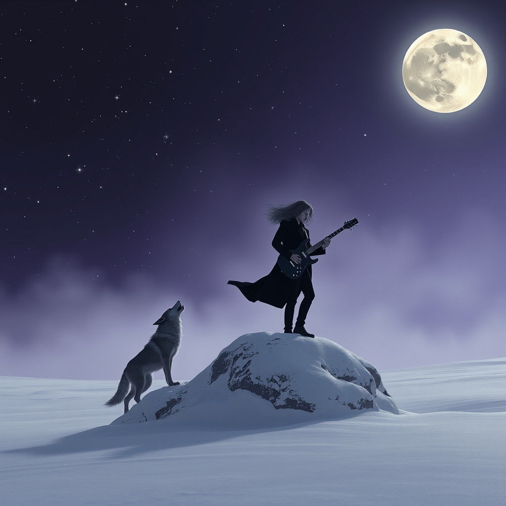 Guitarist and Wolf Howl at Moon in Fantasy Landscape