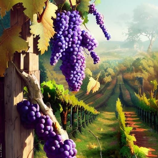 Lush Grape Vineyard Digital Painting in Golden Hour