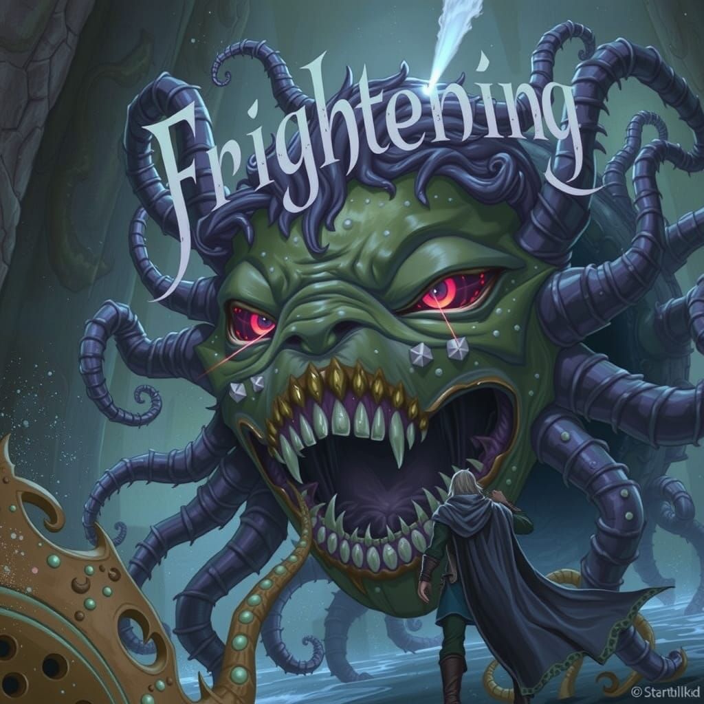 In an eldritch, mysterious cavern, dripping horror text in b...