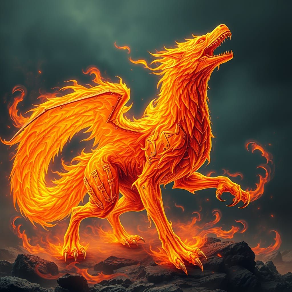 Molten, Orange-Yellow Phoenix-Wolf Hybrid Born from Flame