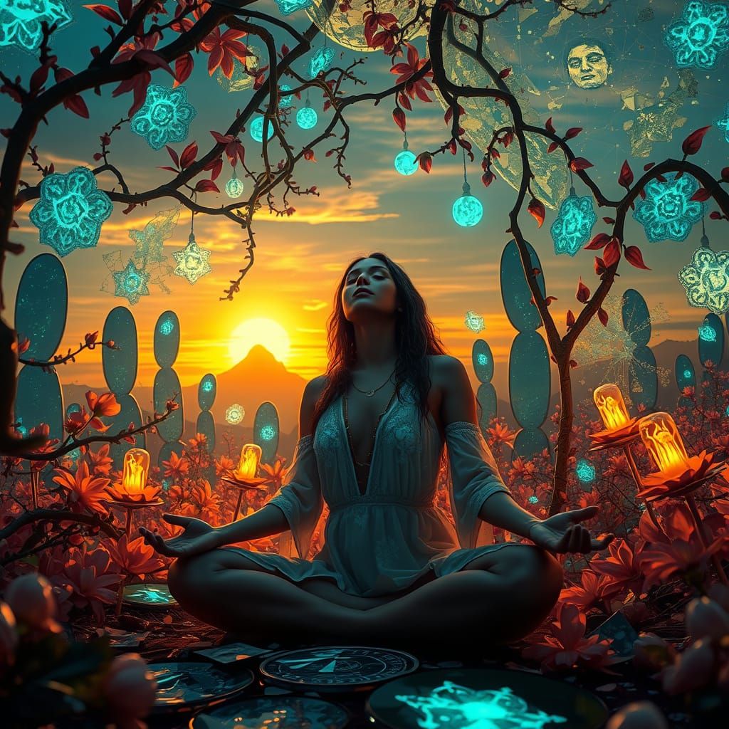 Golden Goddess in Dreamlike Labyrinth