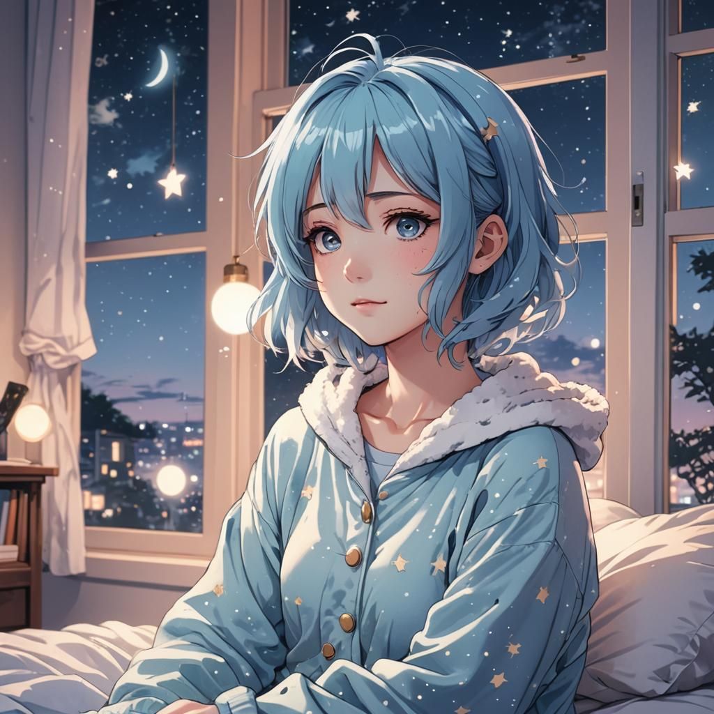 Anime Girl in Moonlit Bedroom, Cel-Shaded Style