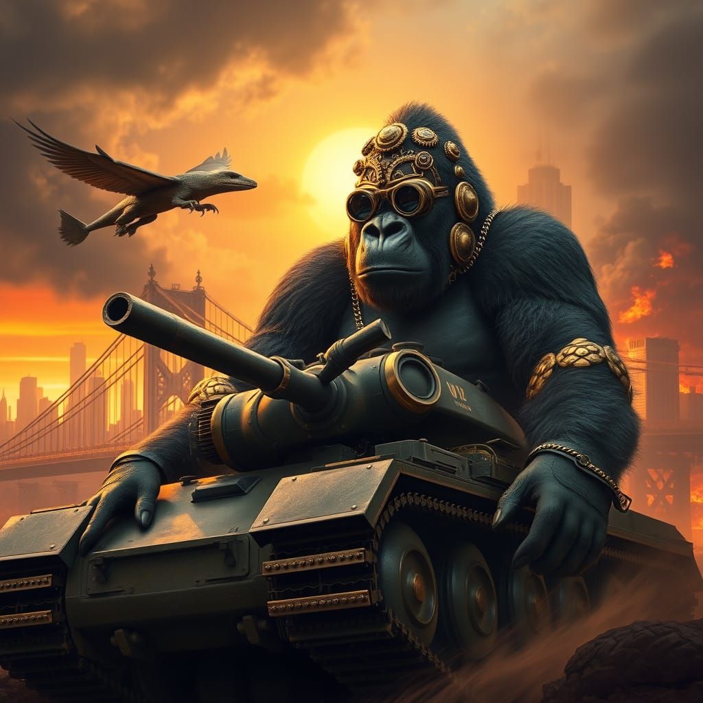 Majestic Steampunk Gorilla Charges into Ruined New York City