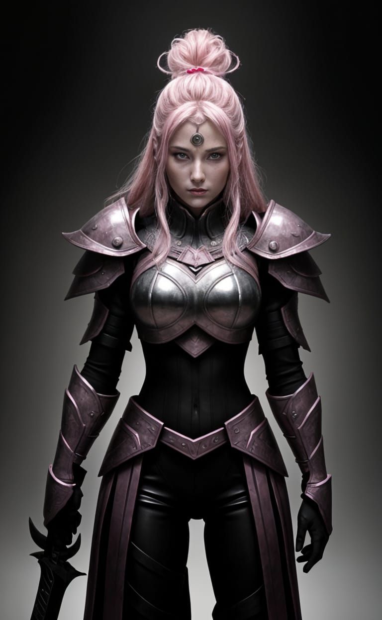 Pink Armored Warrior in Dark Fantasy Landscape