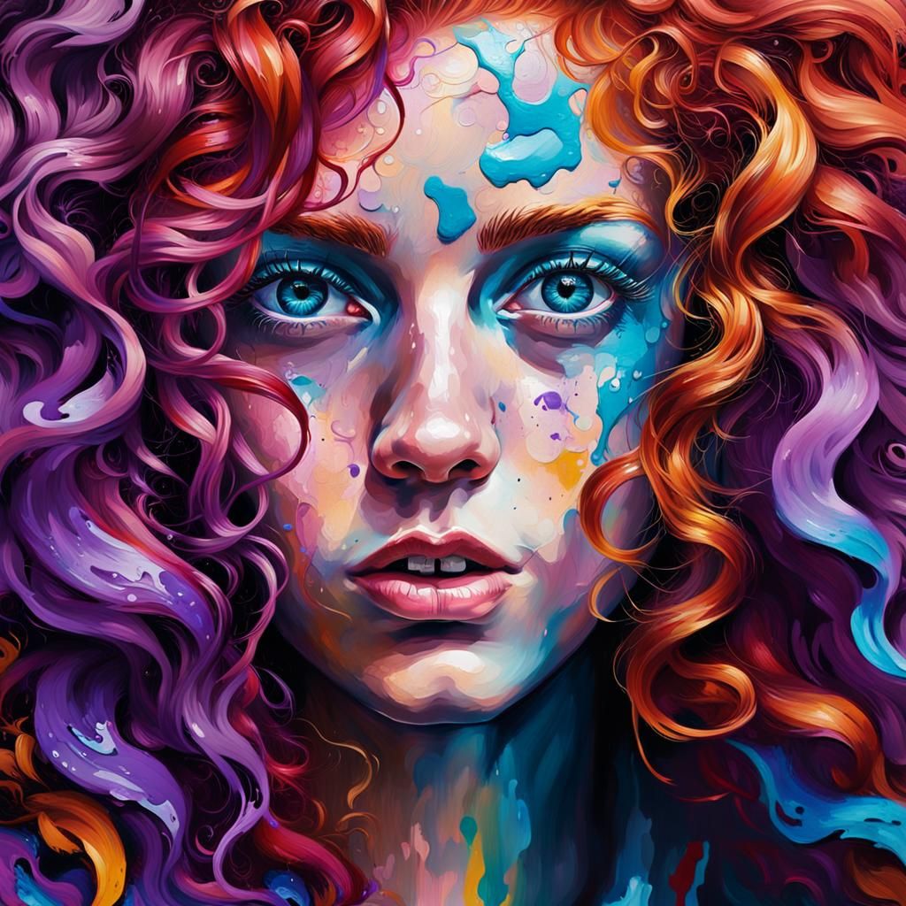 Colorful Street Art Portrait of a Red-Haired Woman