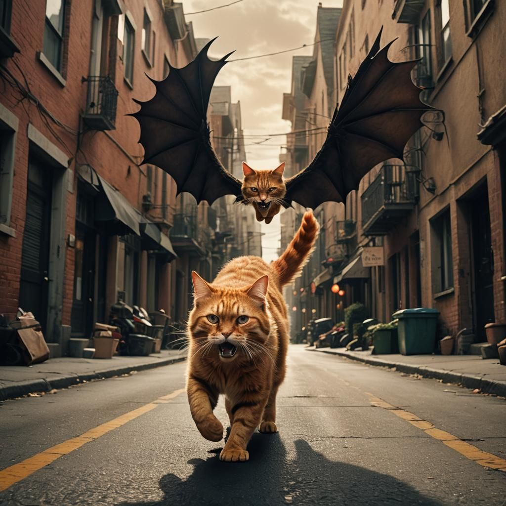 Majestic Orange Tabby Cat Descends upon a Gothic Street Scen...